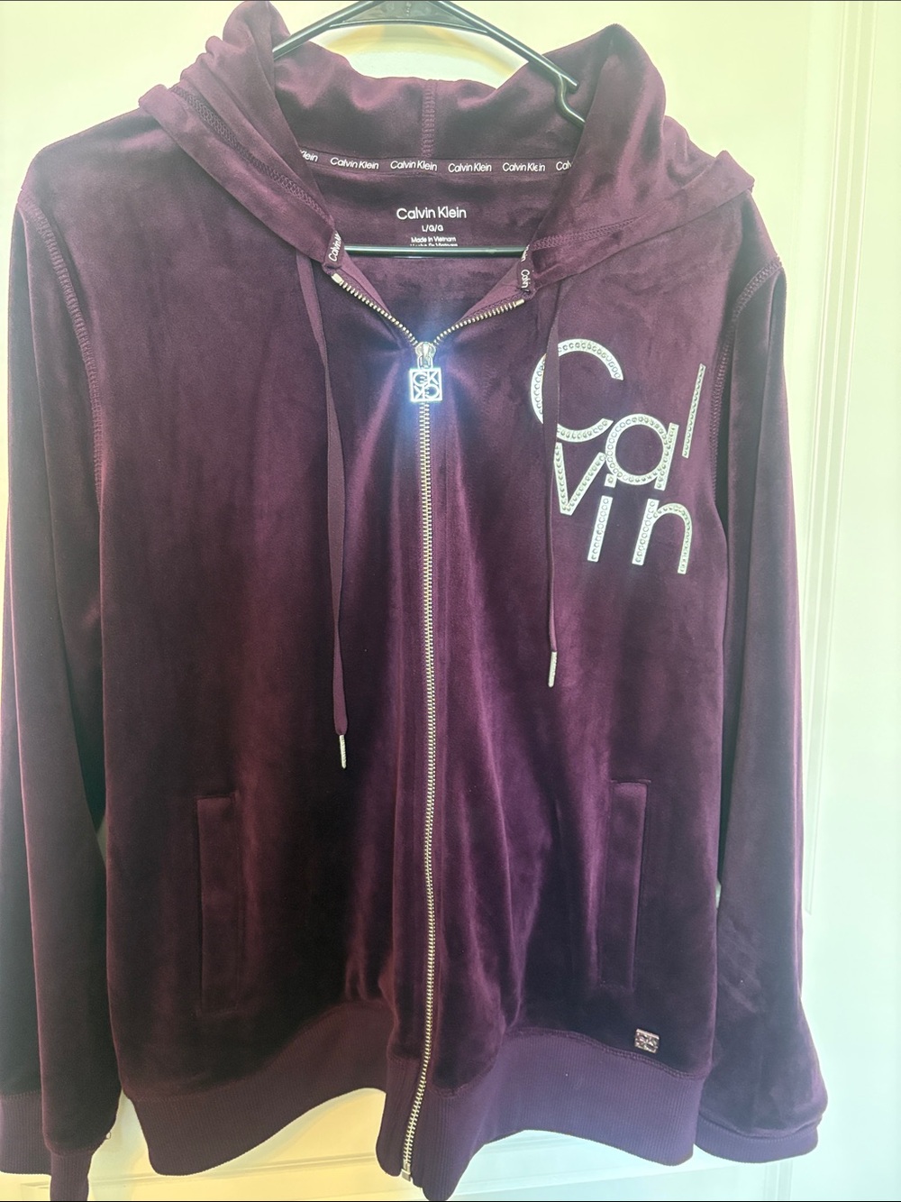Calvin Klein Men's Deep Plum Velour Zip Hoodie Jacket